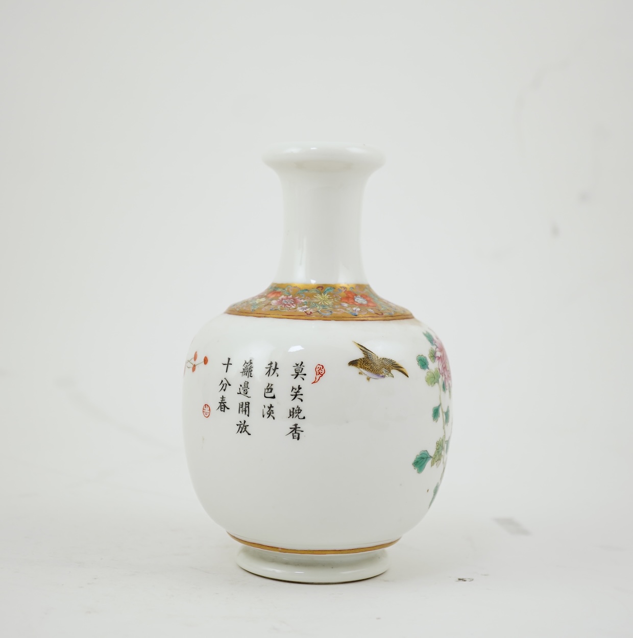 A Chinese inscribed famille rose ‘quail and chrysanthemum’ bottle vase, Hongxian four character mark but Republic period